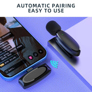Wireless Lavalier Microphone showing automatic pairing and ease of use for live broadcast and recording.