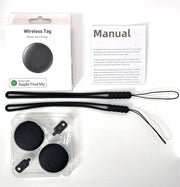 Waterproof Anti-Lost Tracker with wireless tags, manual, and straps for easy tracking, compatible with Find My.