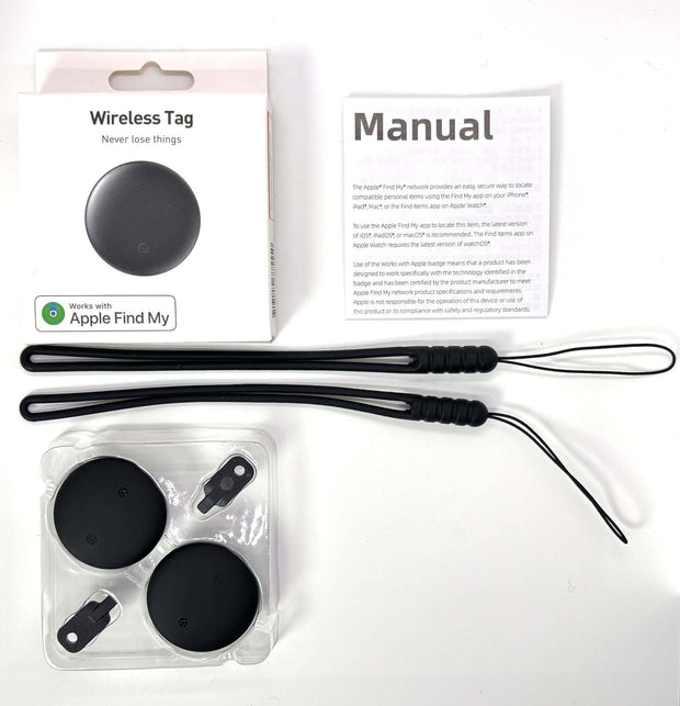 Waterproof Anti-Lost Tracker with wireless tags, manual, and straps for easy tracking, compatible with Find My.