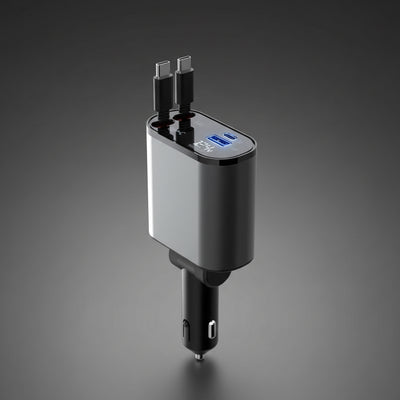 USB and TYPE-C car charger featuring two ports for ultra-fast charging in vehicles.