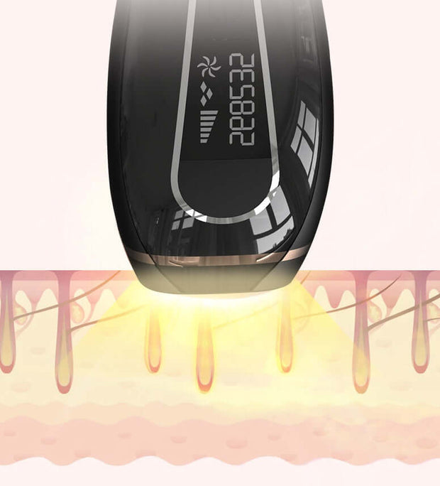Close-up of a permanent IPL hair removal device with LCD screen emitting light on skin for effective hair removal.