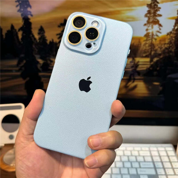 iPhone Leather Case in light blue, showcasing its sleek design and premium quality for optimal protection.
