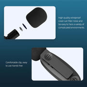 Wireless Lavalier Microphone features high quality windproof cover and comfortable clip for hands-free use.