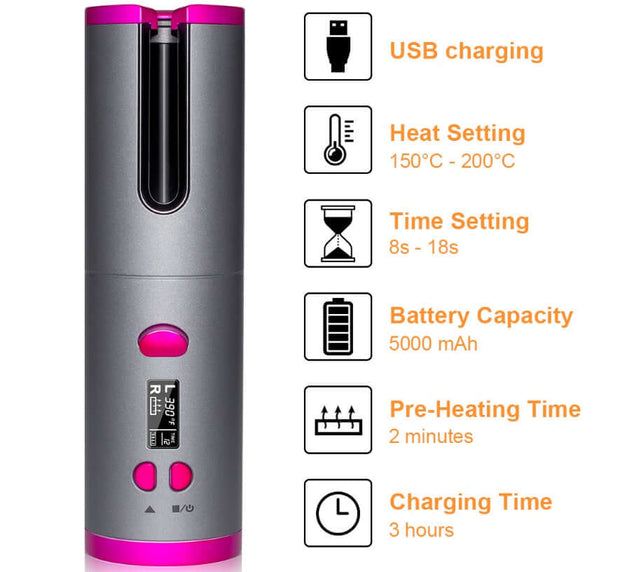 Wireless multifunction curling iron with USB charging, adjustable heat and timer settings, and digital display.