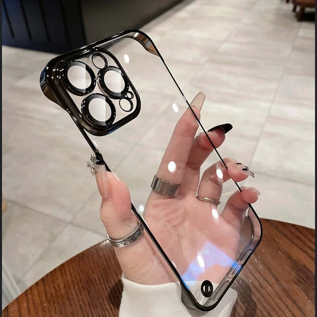 iPhone Transparent Case held in hand, showcasing its ultra-thin frameless design and stylish look.