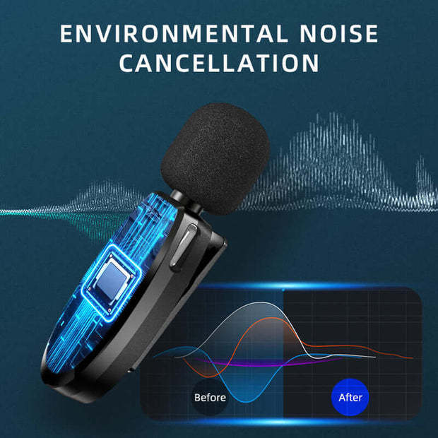 Wireless Lavalier Microphone showcasing environmental noise cancellation features.