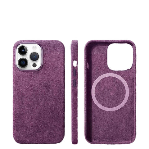Italian Alcantara iPhone Case – Premium Business Leather Cover, showcasing a slim purple design with MagSafe compatibility.