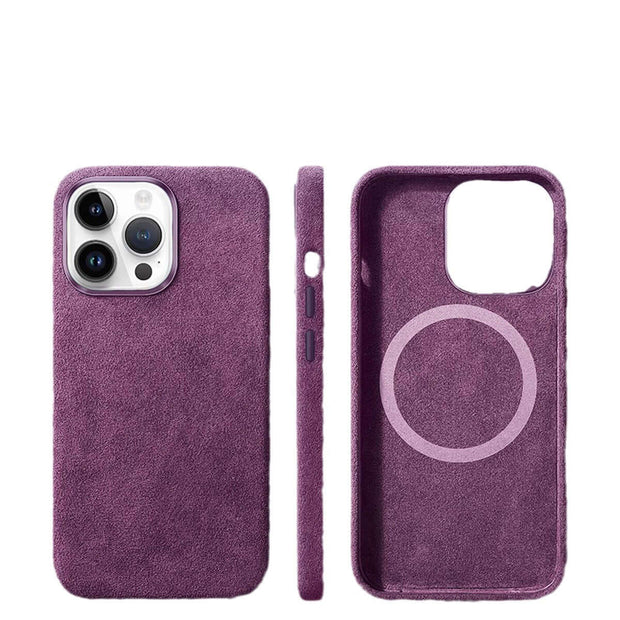 Italian Alcantara iPhone Case – Premium Business Leather Cover, showcasing a slim purple design with MagSafe compatibility.