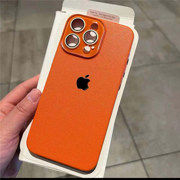 iPhone Leather Case – Premium Protective Shell for iPhone in vibrant orange color, showcasing luxury and durability.