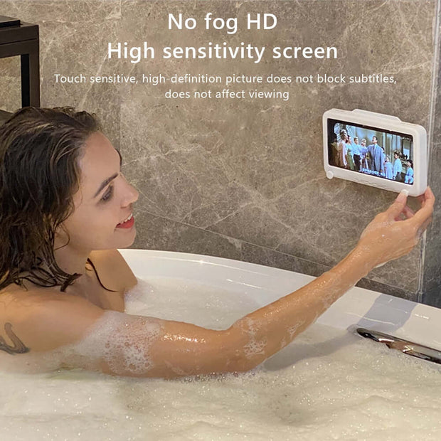 Waterproof Bathroom Phone Holder allowing viewing in the shower, with high sensitivity screen and fog-free feature.