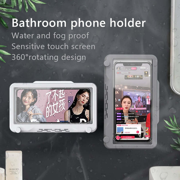 Waterproof Bathroom Phone Holder – 360° rotating design with water and fog proof features.