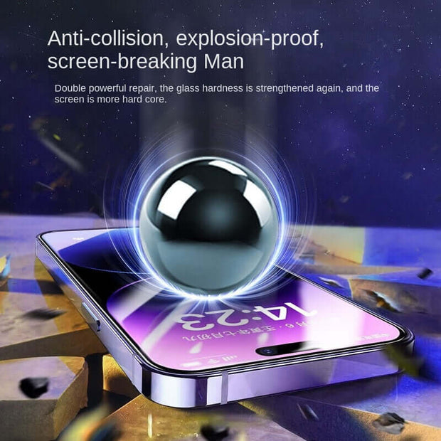 iPhone Privacy Screen Protector showing anti-collision and explosion-proof features for enhanced screen protection.