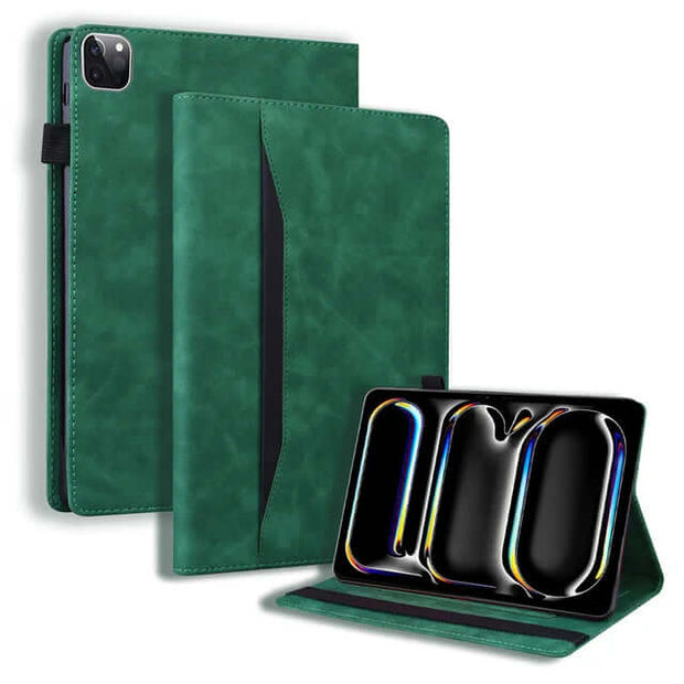 Leather iPad Case – Business Folio Protective Cover in green color, designed for iPad Pro Model 11 and Model 13.