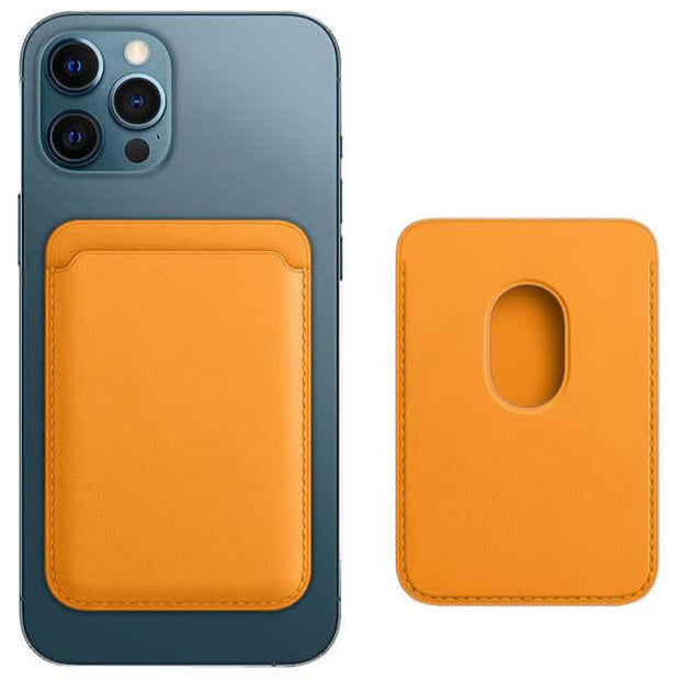 MagSafe Wallet Card Holder attached to iPhone, featuring a sleek orange design for card storage.