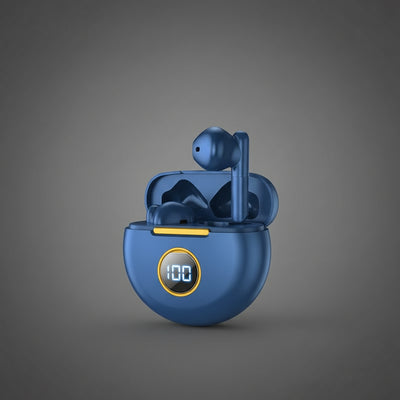 Bluetooth wireless headphones modern design with charging case and battery display.