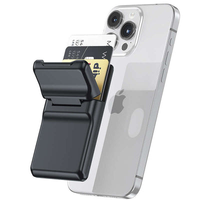 MagSafe Leather Card Holder attached to a smartphone showing cards inside.