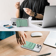 MagSafe Leather Card Holder attached to phone, showcasing stylish design and practicality in an office setting.