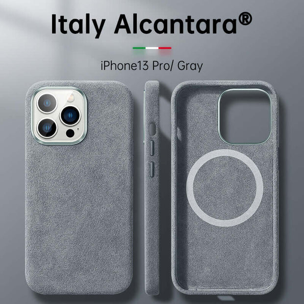Italian Alcantara iPhone Case – Premium Business Leather Cover for iPhone 13 Pro in gray color.