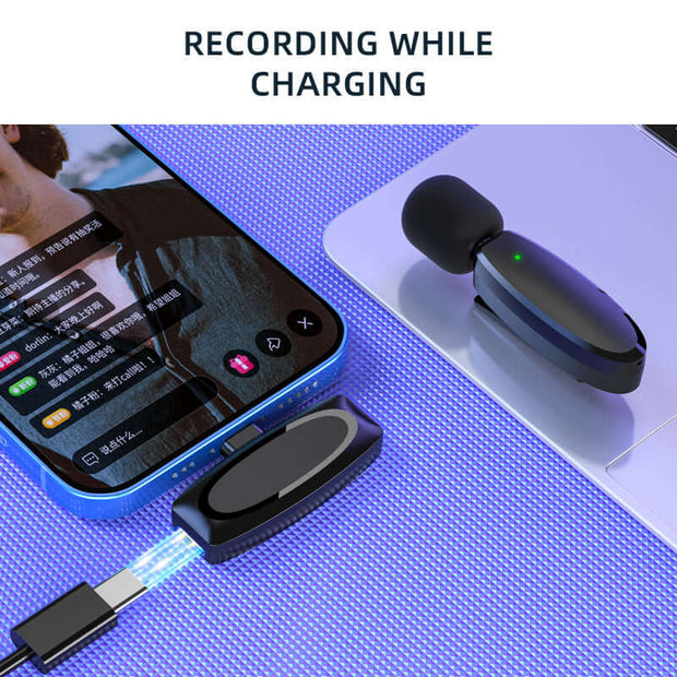 Wireless Lavalier Microphone recording while charging connected to a smartphone and laptop.