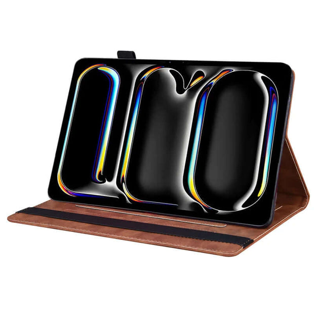 Leather iPad Case – Business Folio Protective Cover in brown with iPad Pro displaying colorful graphics.
