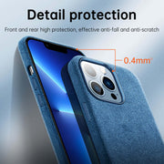 Italian Alcantara iPhone Case showcasing detail protection and anti-fall features for reliable device safety.