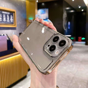 Transparent iPhone Case displayed on a hand, showcasing its anti-drop protection and crystal clear design.