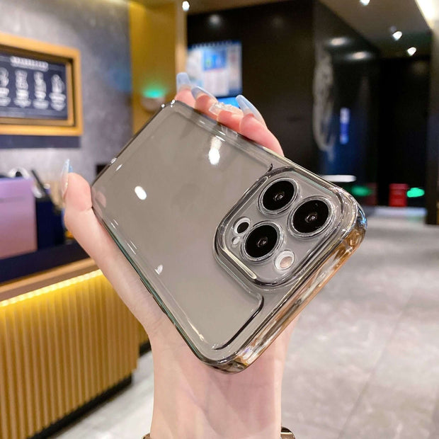 Transparent iPhone Case displayed on a hand, showcasing its anti-drop protection and crystal clear design.