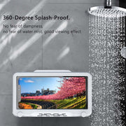 Waterproof Bathroom Phone Holder mounted in shower, showcasing 360-degree splash-proof design for safe phone use.