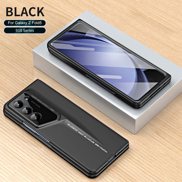 Samsung Z Fold Protective Case on wooden surface, showcasing sleek design and premium materials for protection.