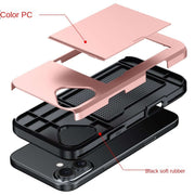 iPhone Card Holder Case – Slide Push Protective Cover disassembled view showing color PC and black soft rubber layers.