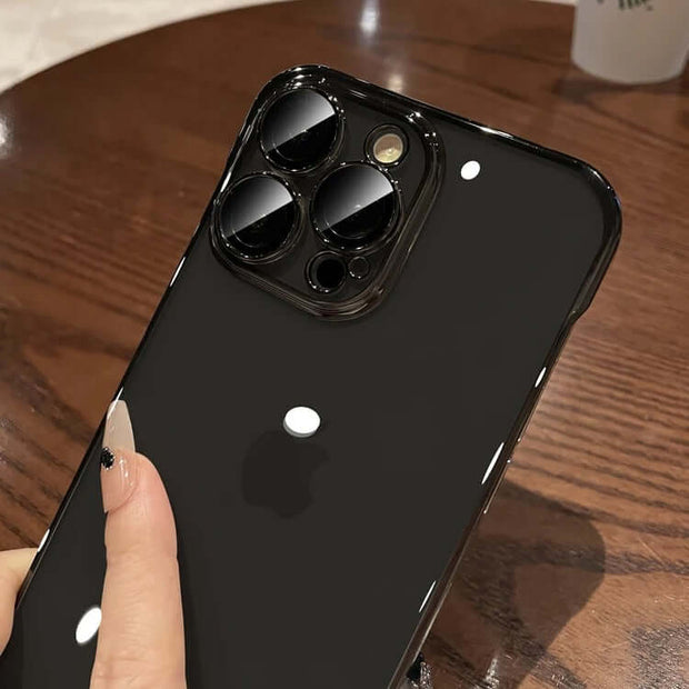 iPhone Transparent Case showcasing a sleek black design, highlighting the camera and protective features.