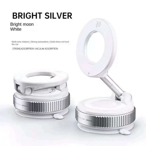 Magnetic Car Phone Holder with strong vacuum suction cup and multi-axis rotation for safe phone navigation.