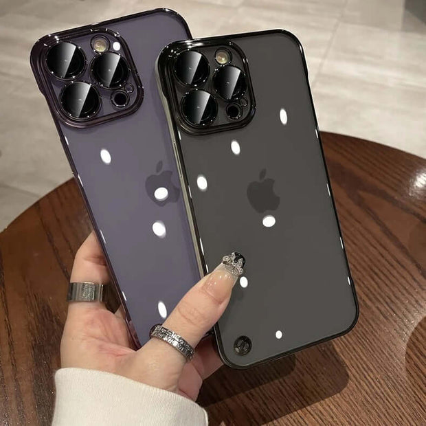 iPhone Transparent Case displayed in hand, showcasing borderless design and color options of protective cover.