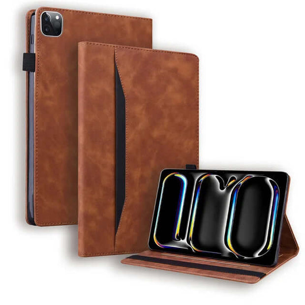 Leather iPad Case – Business Folio Protective Cover showcasing a brown leather design for iPad Pro.