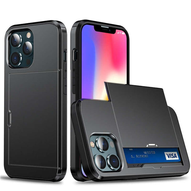 iPhone Card Holder Case – Slide Push Protective Cover displaying card storage feature and sleek design for iPhone 13 to 17 Pro Max.
