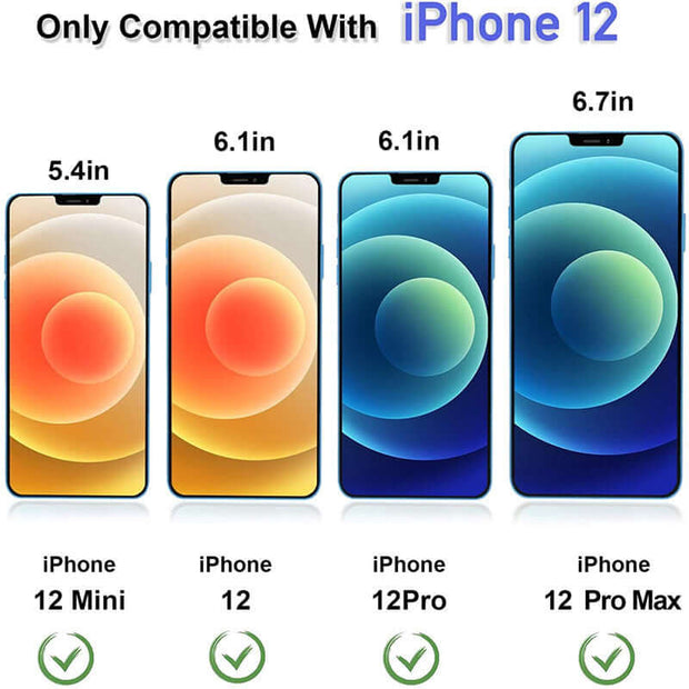 iPhone Privacy Screen for iPhone 12 Mini, 12, 12 Pro, and 12 Pro Max with size specifications.