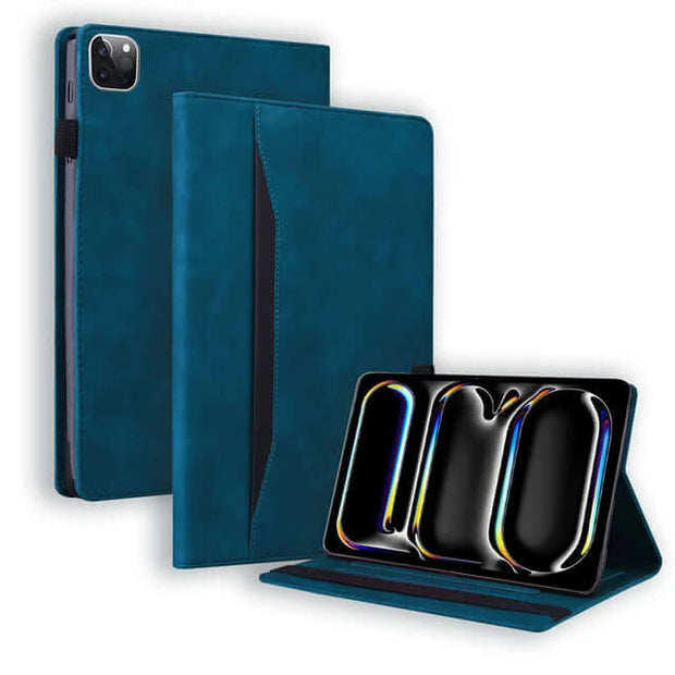 Leather iPad Case – Business Folio Protective Cover in teal color displaying front and back views.