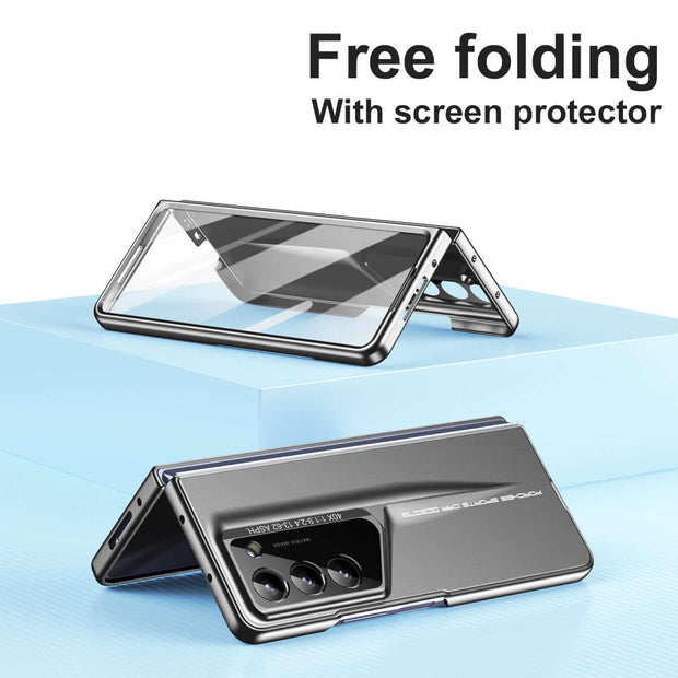 Samsung Z Fold Protective Case displayed in free folding position with screen protector, showcasing durability and design.