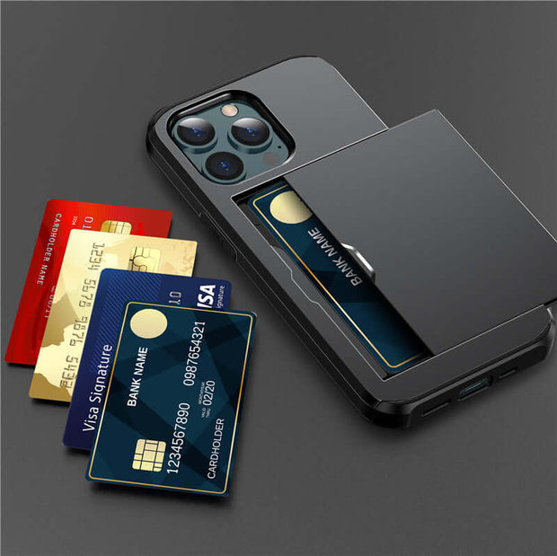 iPhone Card Holder Case showing hidden card slot with credit cards visible, designed for iPhone 13 to 17 Pro Max.