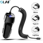 Fast Car Phone Charger – USB & Type-C Cable Mobile Charger with Micro, Type-C, and Lighting connectors.