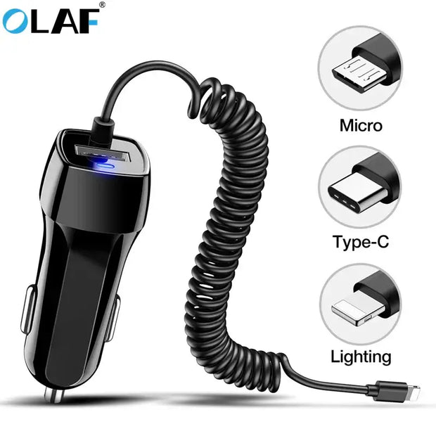 Fast Car Phone Charger – USB & Type-C Cable Mobile Charger with Micro, Type-C, and Lighting connectors.