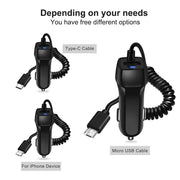 Fast Car Phone Charger with Type-C and Micro USB cables for versatile charging solutions.