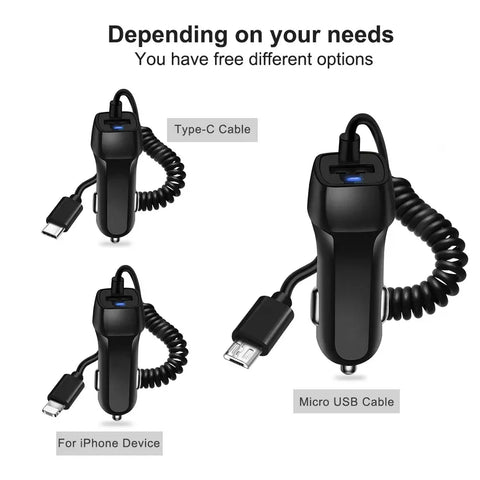 Fast Car Phone Charger with Type-C and Micro USB cables for versatile charging solutions.