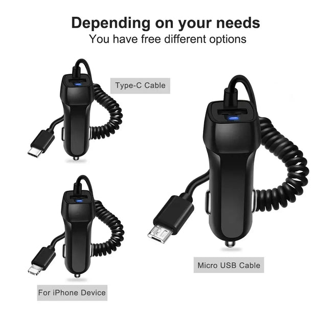 Fast Car Phone Charger with Type-C and Micro USB cables for versatile charging solutions.