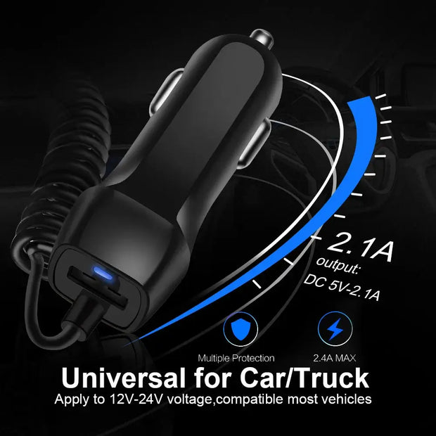 Fast Car Phone Charger with USB and Type-C connection, designed for universal compatibility in cars and trucks.
