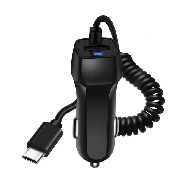 Fast Car Phone Charger – USB & Type-C Cable mobile charger with coiled cable for easy use.