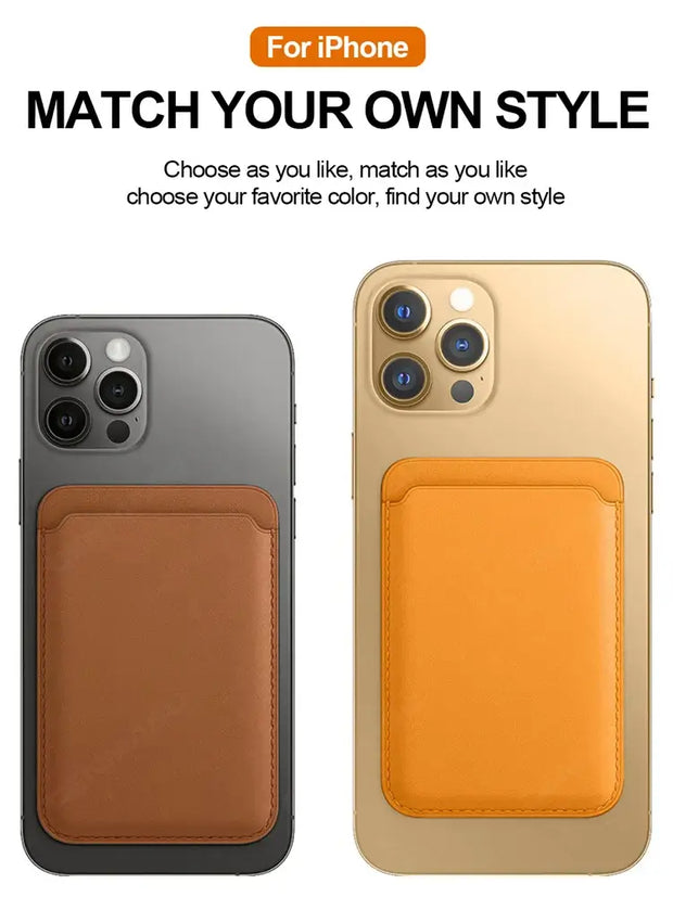 MagSafe Wallet Card Holder displayed on two iPhone models showcasing style and color options for personalized card storage.
