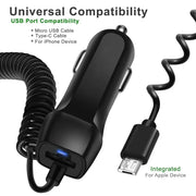 Fast Car Phone Charger with USB and Type-C cable for universal compatibility in cars.