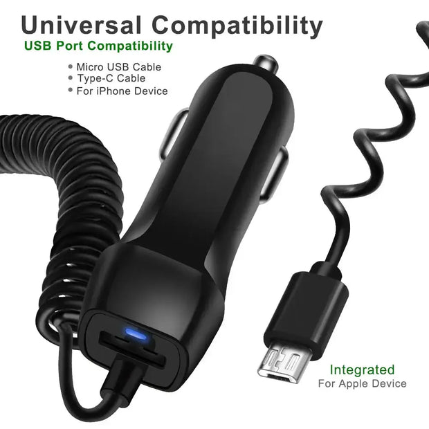 Fast Car Phone Charger with USB and Type-C cable for universal compatibility in cars.
