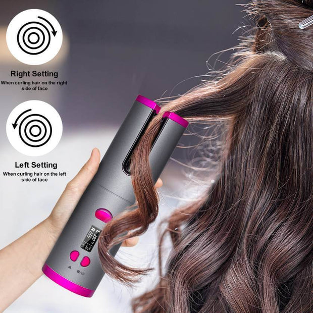 Cordless multifunction curling iron with two curling settings for right and left side of the face, perfect for styled curls.
